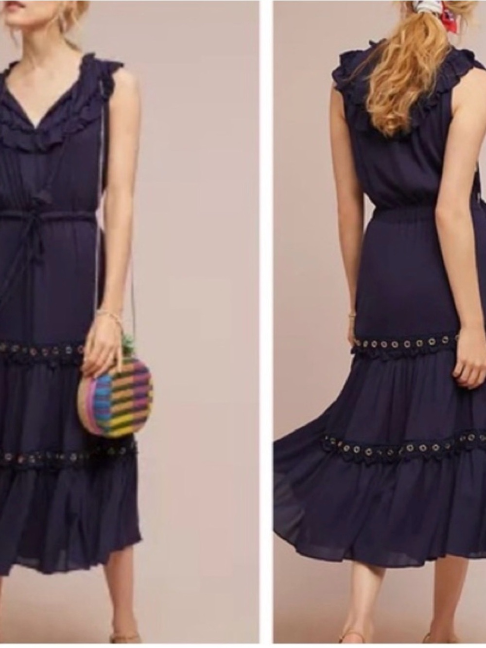 MISA LOS ANGELES Sleeveless Navy Ruffle-Tiered Midi Dress SIZE SMALL